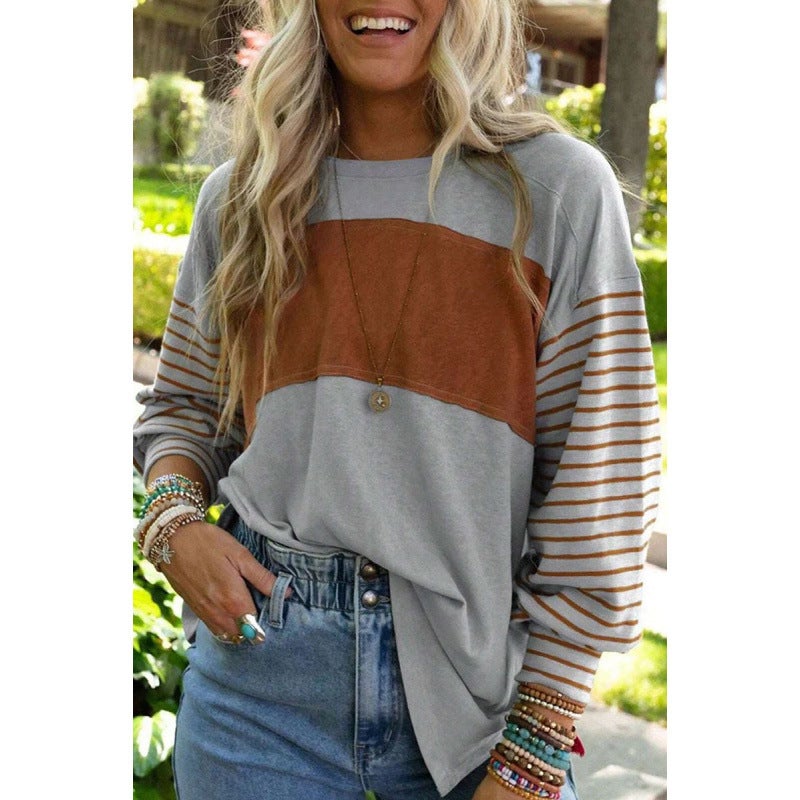 2024 Spring New Casual And Comfortable Striped Color Contrast Long Sleeve T-Shirt For Women - Image 1