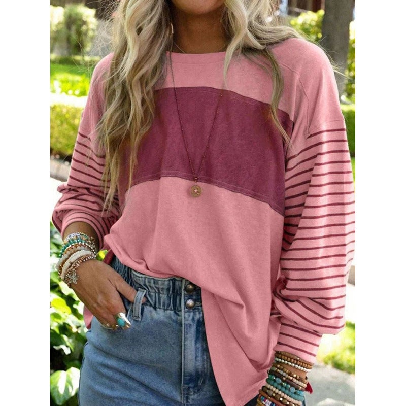 2024 Spring New Casual And Comfortable Striped Color Contrast Long Sleeve T-Shirt For Women - Image 4