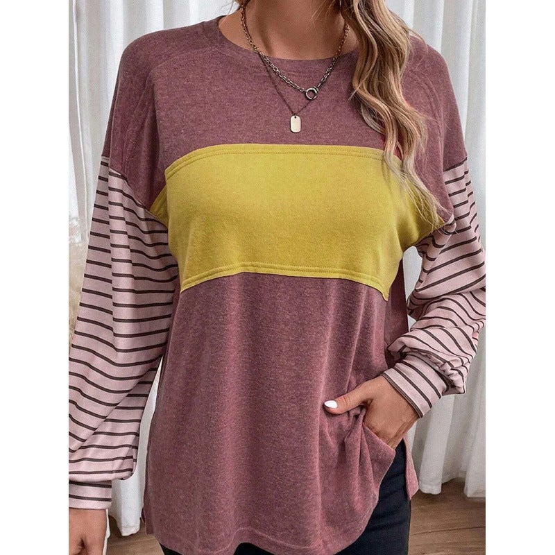 2024 Spring New Casual And Comfortable Striped Color Contrast Long Sleeve T-Shirt For Women - Image 2