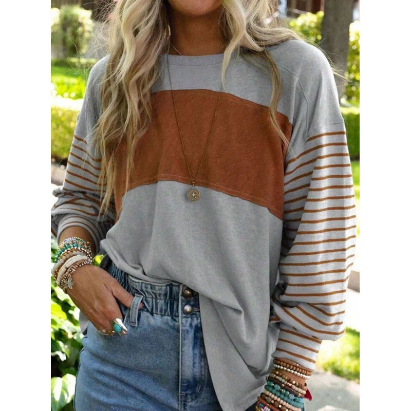 2024 Spring New Casual And Comfortable Striped Color Contrast Long Sleeve T-Shirt For Women - Image 3