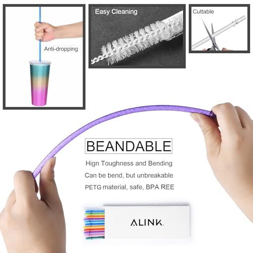 ALINK 12-Pack Reusable Glitter Straws, 13 inch Extra Long Hard Plastic Tumbler Straws for Stanley Cups, 64 oz 40 oz 32 oz Tumblers, Yeti, Mason Jar, Gallon Jug with Brush - Assroted Colored - Image 3