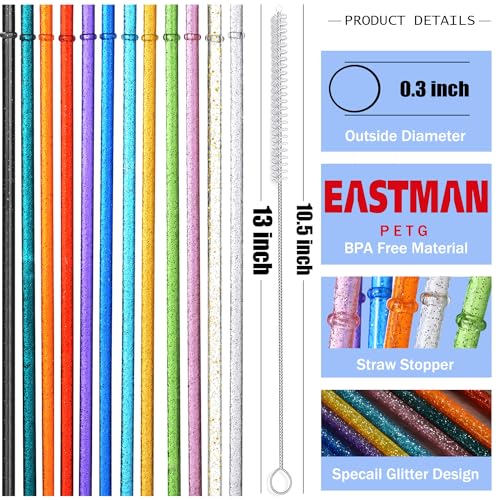 ALINK 12-Pack Reusable Glitter Straws, 13 inch Extra Long Hard Plastic Tumbler Straws for Stanley Cups, 64 oz 40 oz 32 oz Tumblers, Yeti, Mason Jar, Gallon Jug with Brush - Assroted Colored - Image 2