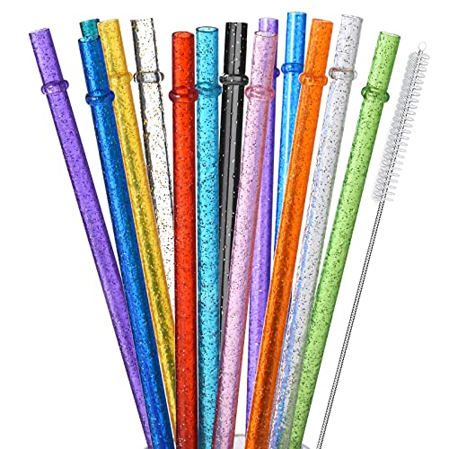 ALINK 12-Pack Reusable Glitter Straws, 13 inch Extra Long Hard Plastic Tumbler Straws for Stanley Cups, 64 oz 40 oz 32 oz Tumblers, Yeti, Mason Jar, Gallon Jug with Brush - Assroted Colored - Image 1