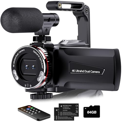 Dumjug 4K Video Camera Camcorder, 64MP UHD Vlogging Camera for YouTube, 21X Digital Zoom, 4K Camcorder for YouTube with External Microphone, Stabilizer, Remote, 2 Batteries, Remote, Memory Card - Image 1