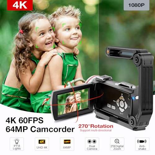 Dumjug 4K Video Camera Camcorder, 64MP UHD Vlogging Camera for YouTube, 21X Digital Zoom, 4K Camcorder for YouTube with External Microphone, Stabilizer, Remote, 2 Batteries, Remote, Memory Card - Image 2