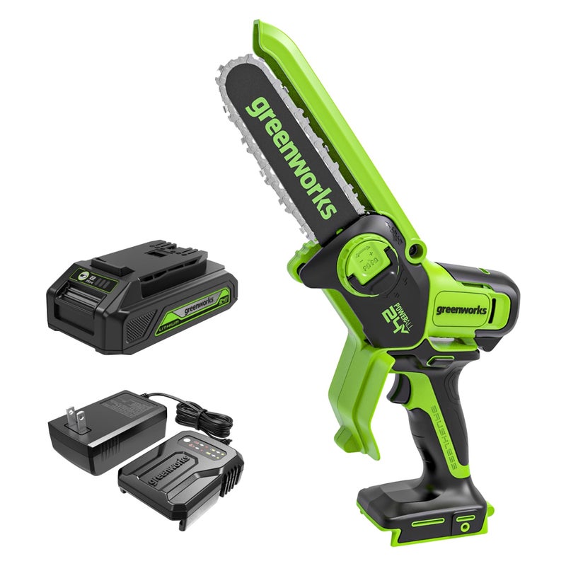 Greenworks 24V 6 Mini Chainsaw Cordless Small Cordless Handheld Saw 20Ah Battery and Charger Included for Tree Trimming Wood Cutting Best Gifts for Dad Husband