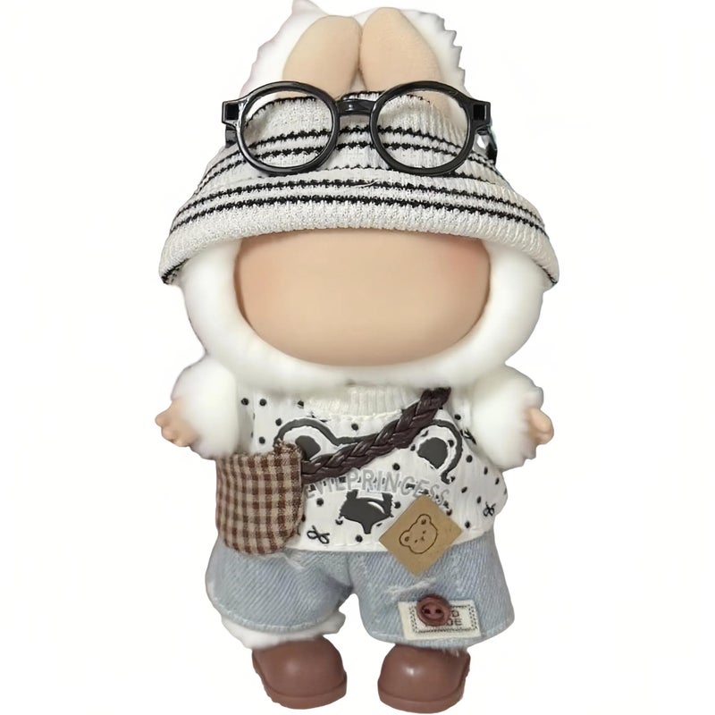VVQUI 17cm Doll Clothes 6Piece Set Hat Overalls Shirt Backpack Glasses Shoes Cute and Premium Dolls Outfit Accessories White Bear - Image 3