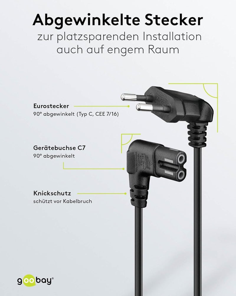 Goobay Power Cable 2 m Angled Power Cable with 90 Degree Angled Plug on Both Sides Euro Plug to C7 Female Ideal for TV, PS5 and PS4, Black - 97350 - Image 3
