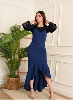 FULL JOY Blue crepe Dress with Lace Detailing From the Shoulder and Bodice, with a Thin Belt  - Image 1