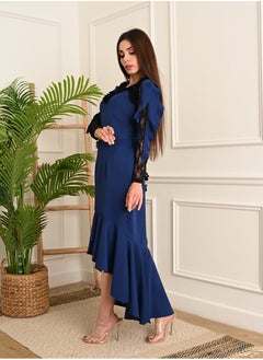 FULL JOY Blue crepe Dress with Lace Detailing From the Shoulder and Bodice, with a Thin Belt  - Image 4
