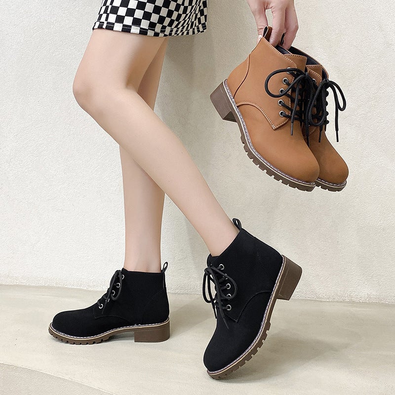 2024 autumn and winter new casual Joker solid color thick heel front lace Martin boots foreign trade classic plus size boots cross-border - Image 4