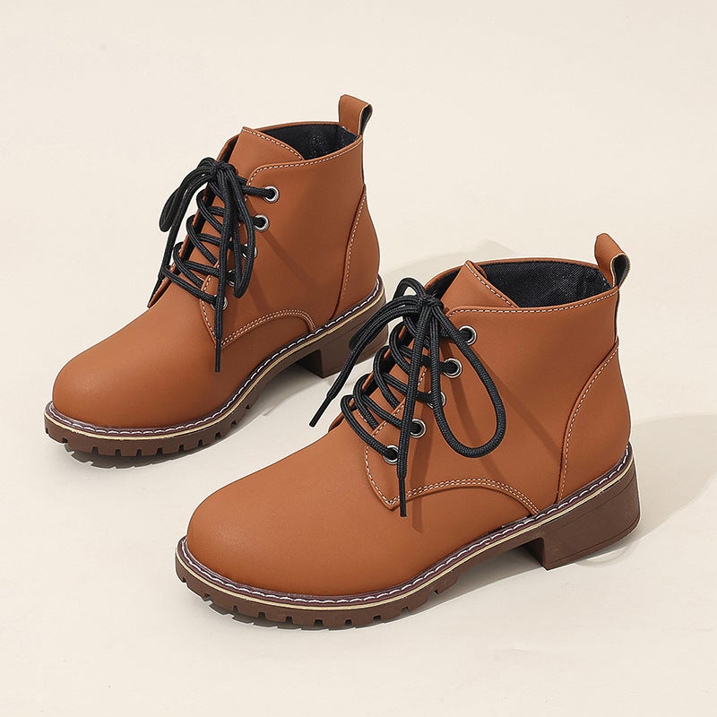 2024 autumn and winter new casual Joker solid color thick heel front lace Martin boots foreign trade classic plus size boots cross-border - Image 1