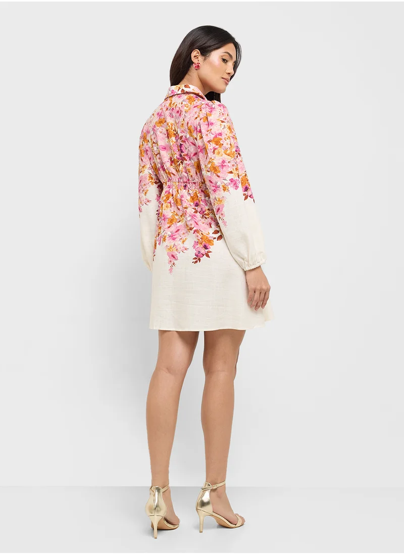 ياس Floral Printed Collar Neck Mini Dress
