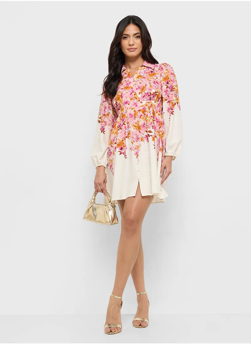 ياس Floral Printed Collar Neck Mini Dress