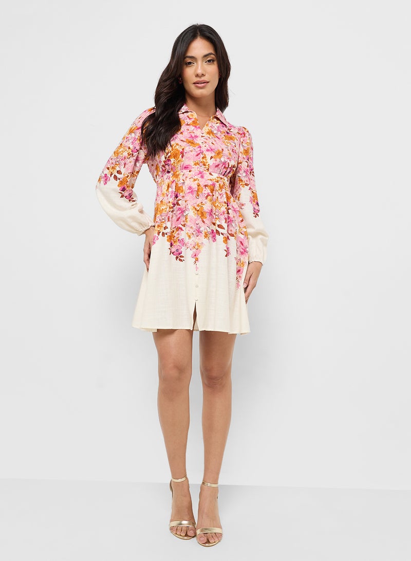 YAS Floral Printed Collar Neck Mini Dress - Image 4