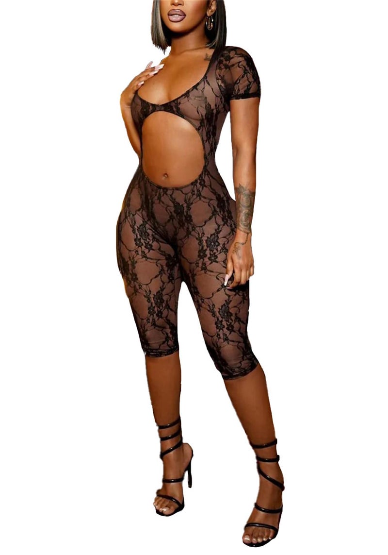 NRTHYE Women Sexy Sheer Lace One Piece Jumpsuit Hollow Out Short Sleeve Backless Mesh Rompers Club Outfit - Image 1