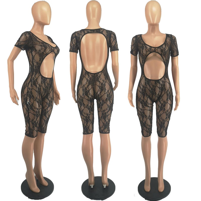 NRTHYE Women Sexy Sheer Lace One Piece Jumpsuit Hollow Out Short Sleeve Backless Mesh Rompers Club Outfit - Image 4