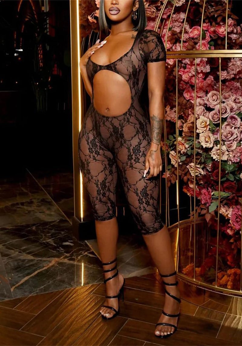 NRTHYE Women Sexy Sheer Lace One Piece Jumpsuit Hollow Out Short Sleeve Backless Mesh Rompers Club Outfit - Image 2