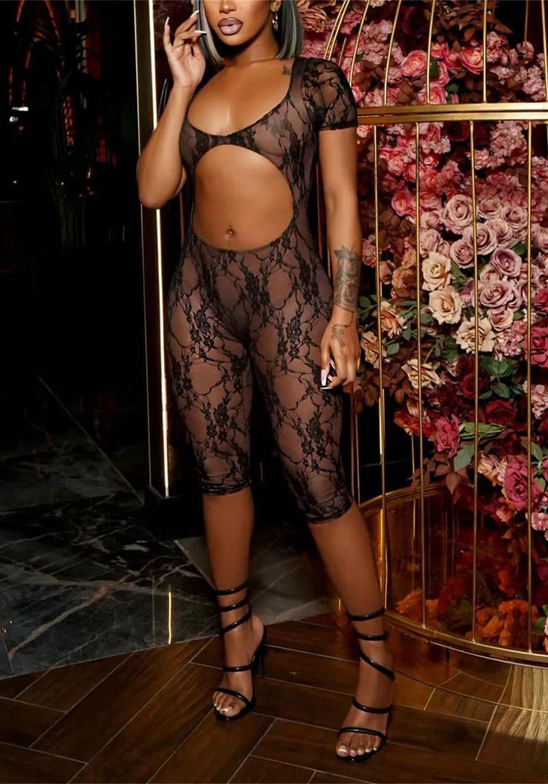 NRTHYE Women Sexy Sheer Lace One Piece Jumpsuit Hollow Out Short Sleeve Backless Mesh Rompers Club Outfit - Image 3