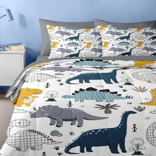Nesker 7 Pcs Comforter Set Full Size, Cute Dinosaur Dino Bedding for Kids Teen, Blue Yellow Dragon with Fitted Sheet 2 Pillowcases & 2 Shams for Bedroom Bed Décor - Image 5