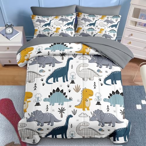 Nesker 7 Pcs Comforter Set Full Size, Cute Dinosaur Dino Bedding for Kids Teen, Blue Yellow Dragon with Fitted Sheet 2 Pillowcases & 2 Shams for Bedroom Bed Décor - Image 3