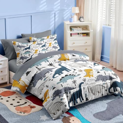 Nesker 7 Pcs Comforter Set Full Size, Cute Dinosaur Dino Bedding for Kids Teen, Blue Yellow Dragon with Fitted Sheet 2 Pillowcases & 2 Shams for Bedroom Bed Décor - Image 4