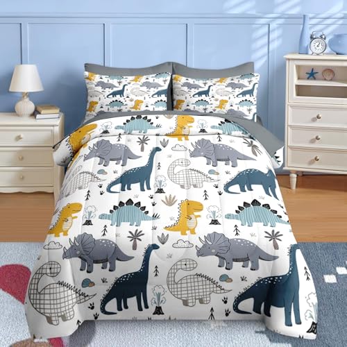 Nesker 7 Pcs Comforter Set Full Size, Cute Dinosaur Dino Bedding for Kids Teen, Blue Yellow Dragon with Fitted Sheet 2 Pillowcases & 2 Shams for Bedroom Bed Décor - Image 1