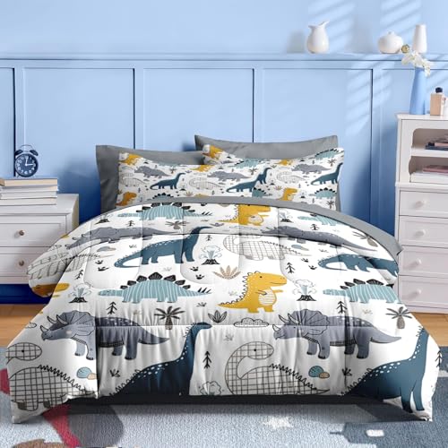 Nesker 7 Pcs Comforter Set Full Size, Cute Dinosaur Dino Bedding for Kids Teen, Blue Yellow Dragon with Fitted Sheet 2 Pillowcases & 2 Shams for Bedroom Bed Décor - Image 2
