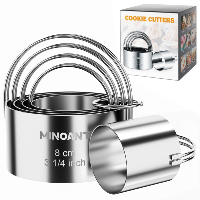MINO ANT Round Cookie Cutters with Handle - Donut Hole Cookie Biscuit Cutter Set(5 Pieces/Set), Stainless Steel Circle Cutters Donut Cutter Mold Tool with Ring for Baking, Biscuits, Cakes, Sandwiches - Image 1