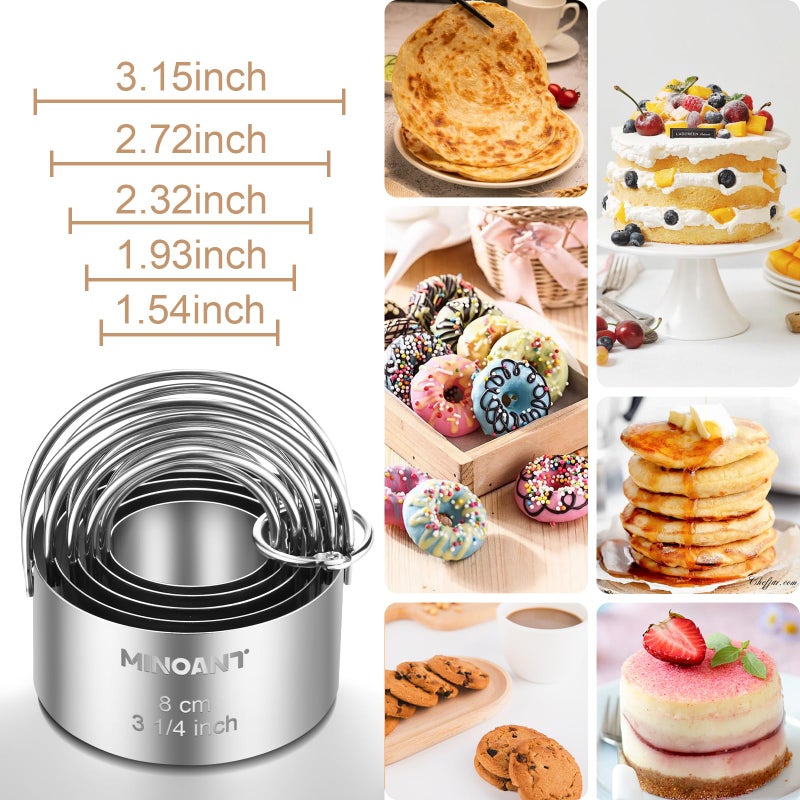 MINO ANT Round Cookie Cutters with Handle - Donut Hole Cookie Biscuit Cutter Set(5 Pieces/Set), Stainless Steel Circle Cutters Donut Cutter Mold Tool with Ring for Baking, Biscuits, Cakes, Sandwiches - Image 5