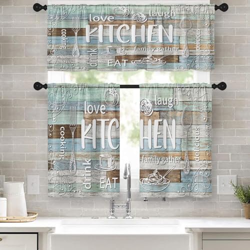 Tayney Farmhouse Chef White Kitchen Window Curtains Valance and Tier Set 36 Inch, Modern Doodle Vintage Wooden Art Rod Pocket Short Tier Curtain for Bathroom, Funny Cafe Drapes for Kitchen Decor - Image 1