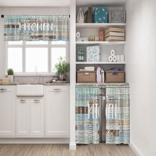 Tayney Farmhouse Chef White Kitchen Window Curtains Valance and Tier Set 36 Inch, Modern Doodle Vintage Wooden Art Rod Pocket Short Tier Curtain for Bathroom, Funny Cafe Drapes for Kitchen Decor - Image 2