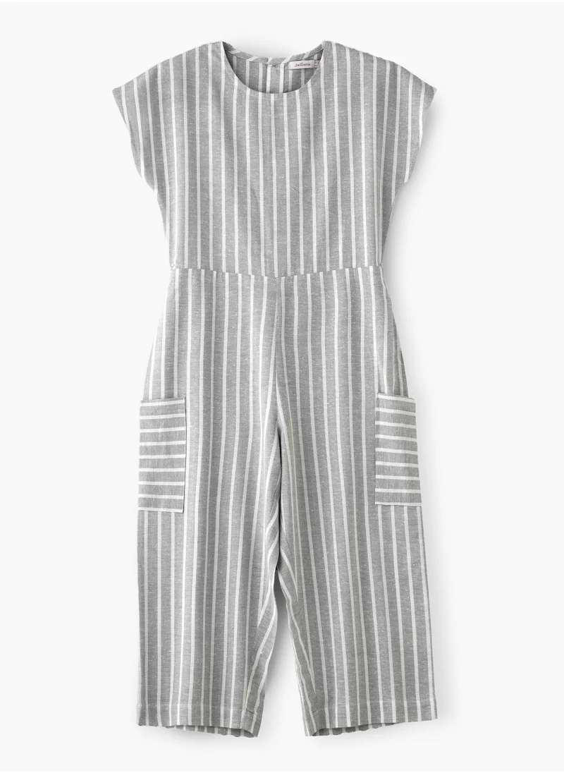 جيلين Girls' Grey Striped Cotton Jumpsuit