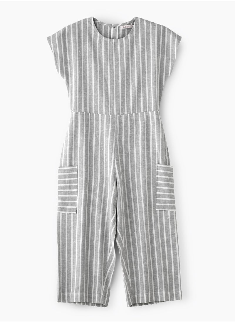 Jelliene Girls' Grey Striped Cotton Jumpsuit  - Image 1