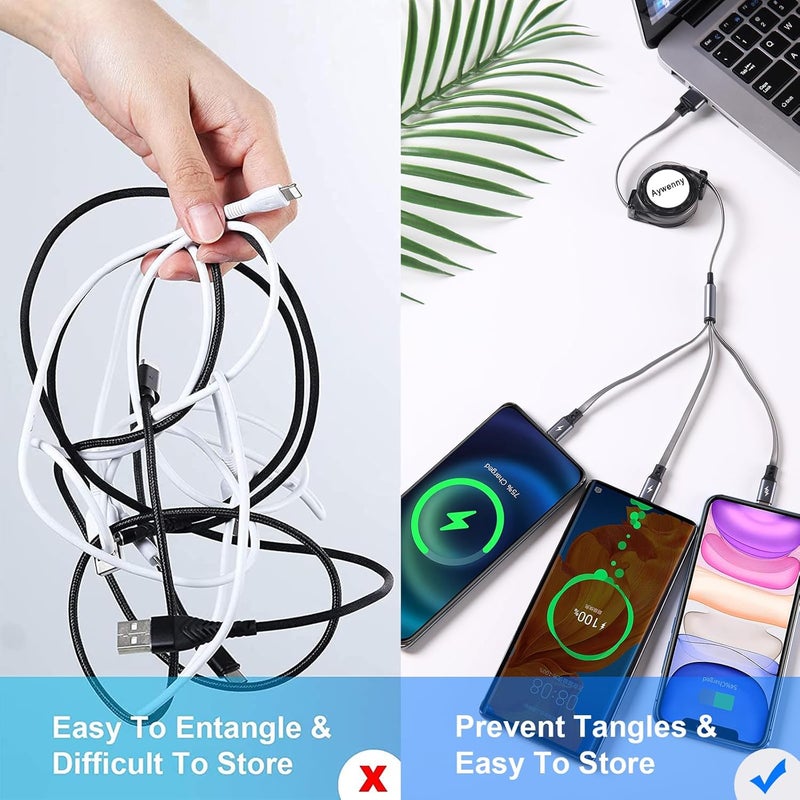 كابل شحن سريع من نوع USB Type C قابل للسحب [3.3 قدم، 3 قطع]، كابل شاحن من USB A إلى C، كابل شحن متزامن للبيانات QC 3.0 مع 3 منافذ USB C، مناسب لهاتف Phone 15 Pro Max Plus و Pad Pro و Galaxy S23 (رمادي) - Image 4