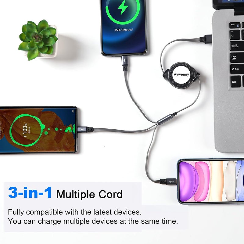 كابل شحن سريع من نوع USB Type C قابل للسحب [3.3 قدم، 3 قطع]، كابل شاحن من USB A إلى C، كابل شحن متزامن للبيانات QC 3.0 مع 3 منافذ USB C، مناسب لهاتف Phone 15 Pro Max Plus و Pad Pro و Galaxy S23 (رمادي) - Image 2