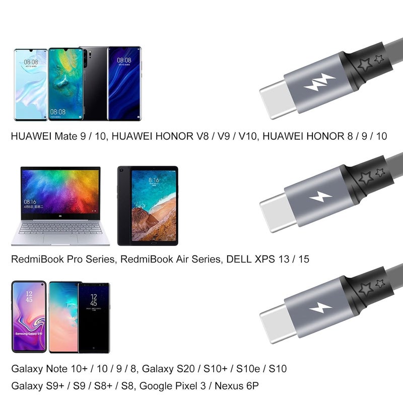 كابل شحن سريع من نوع USB Type C قابل للسحب [3.3 قدم، 3 قطع]، كابل شاحن من USB A إلى C، كابل شحن متزامن للبيانات QC 3.0 مع 3 منافذ USB C، مناسب لهاتف Phone 15 Pro Max Plus و Pad Pro و Galaxy S23 (رمادي) - Image 5