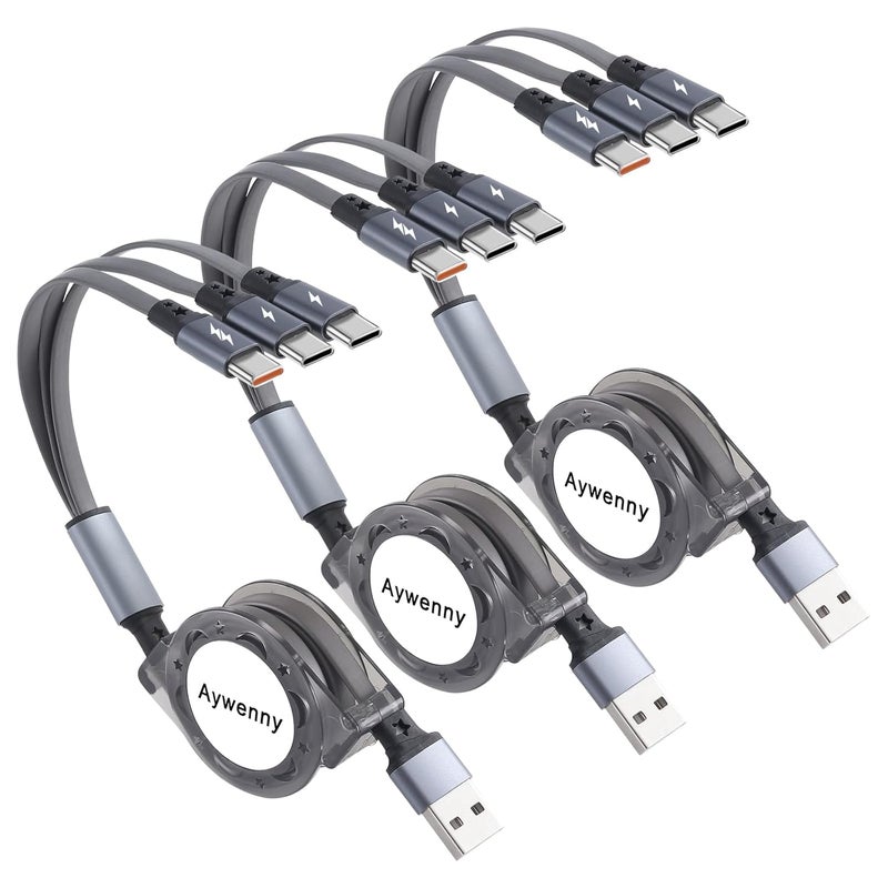 كابل شحن سريع من نوع USB Type C قابل للسحب [3.3 قدم، 3 قطع]، كابل شاحن من USB A إلى C، كابل شحن متزامن للبيانات QC 3.0 مع 3 منافذ USB C، مناسب لهاتف Phone 15 Pro Max Plus و Pad Pro و Galaxy S23 (رمادي) - Image 1