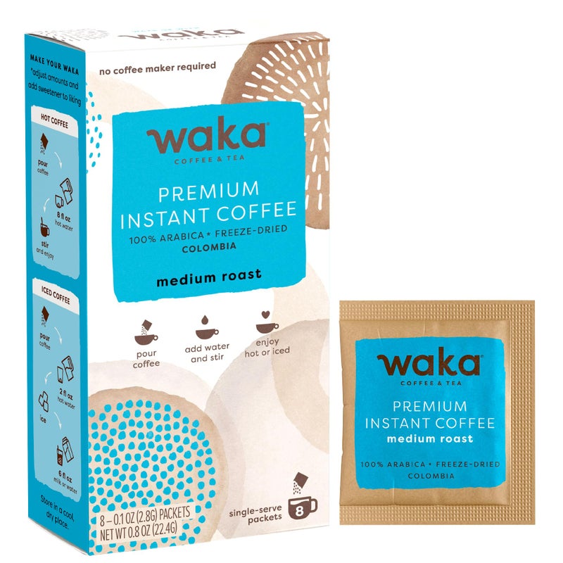 Waka Premium Instant Coffee Sachets - 100% Arabica Freeze Dried Beans - For Hot or Iced Coffee (8 Count, Medium Roast) - Image 1