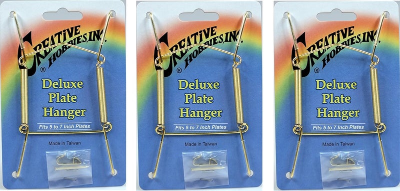 Creative Hobbies ® Deluxe Plate Display Hangers, Spring Style - Assembled & Ready to Use - Holds 5 to 7 Inch Plates, Gold Wire Spring Type, Hanger Hooks & Nails Included - Pack of 3 - Image 1