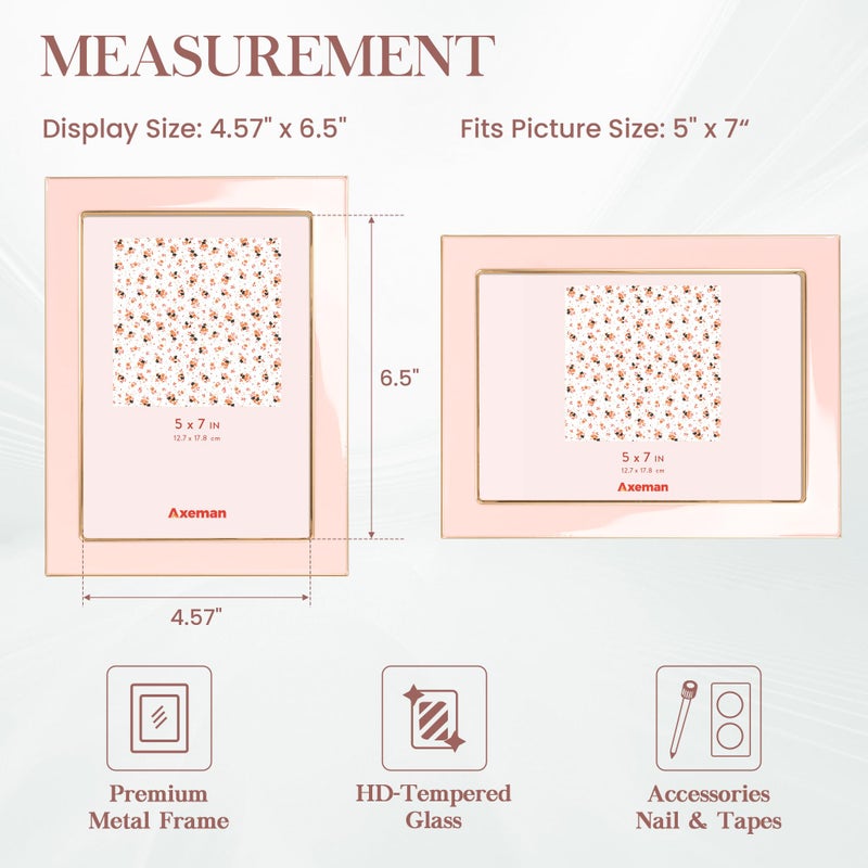 Axeman 5x7 Enamel Picture Frames with Tempered Glass|5 x 7 Modern Photo Frame with Gold Metal Edge Velvet Back for Tabletop and Wall Mount Display for Shelf, Desk & Countertop Decor, Pink - Image 3