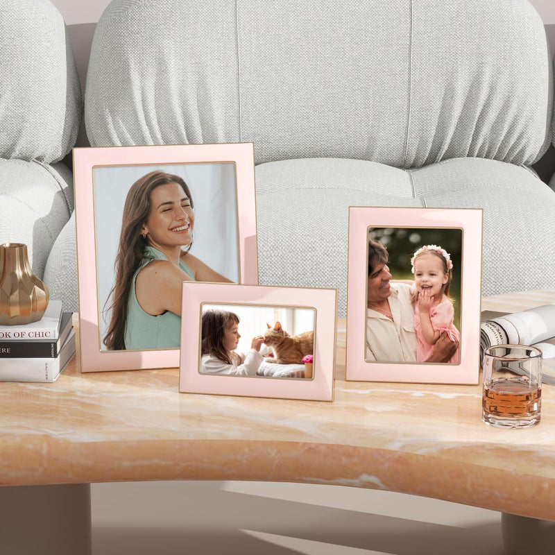 Axeman 5x7 Enamel Picture Frames with Tempered Glass|5 x 7 Modern Photo Frame with Gold Metal Edge Velvet Back for Tabletop and Wall Mount Display for Shelf, Desk & Countertop Decor, Pink - Image 2