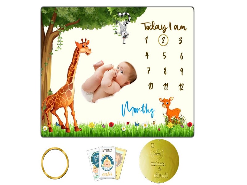 Baby Monthly Milestone Blanket 1 to 12 Months Best for Newborn Boy Girl Multicolor Cotton White Giraffe