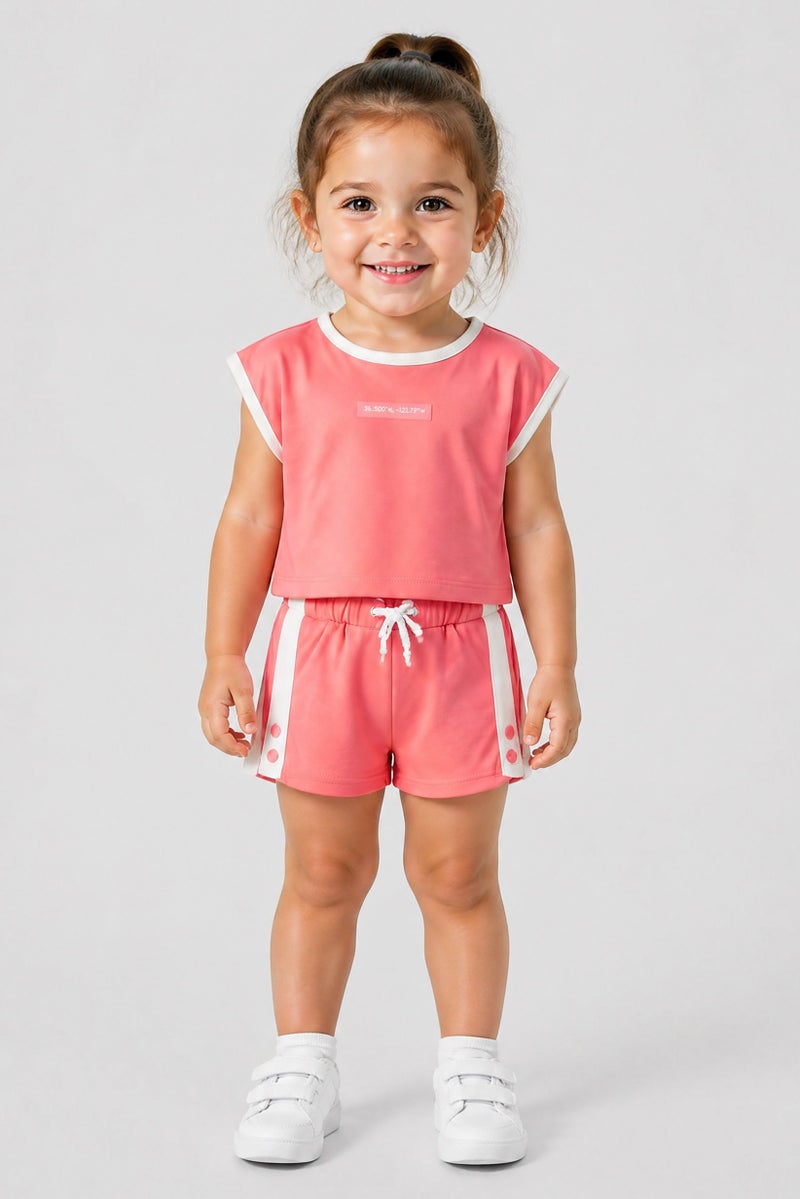 Fudo Toddlers Girl 3 Pcs Embroidered T-Shirt And Shorts With Sunglasses Set, Pink - Image 1