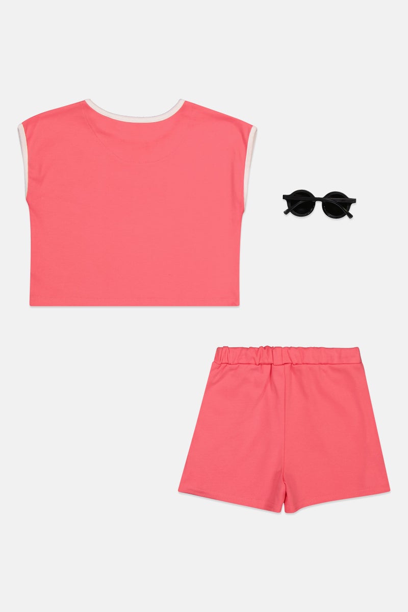 Fudo Toddlers Girl 3 Pcs Embroidered T-Shirt And Shorts With Sunglasses Set, Pink - Image 3