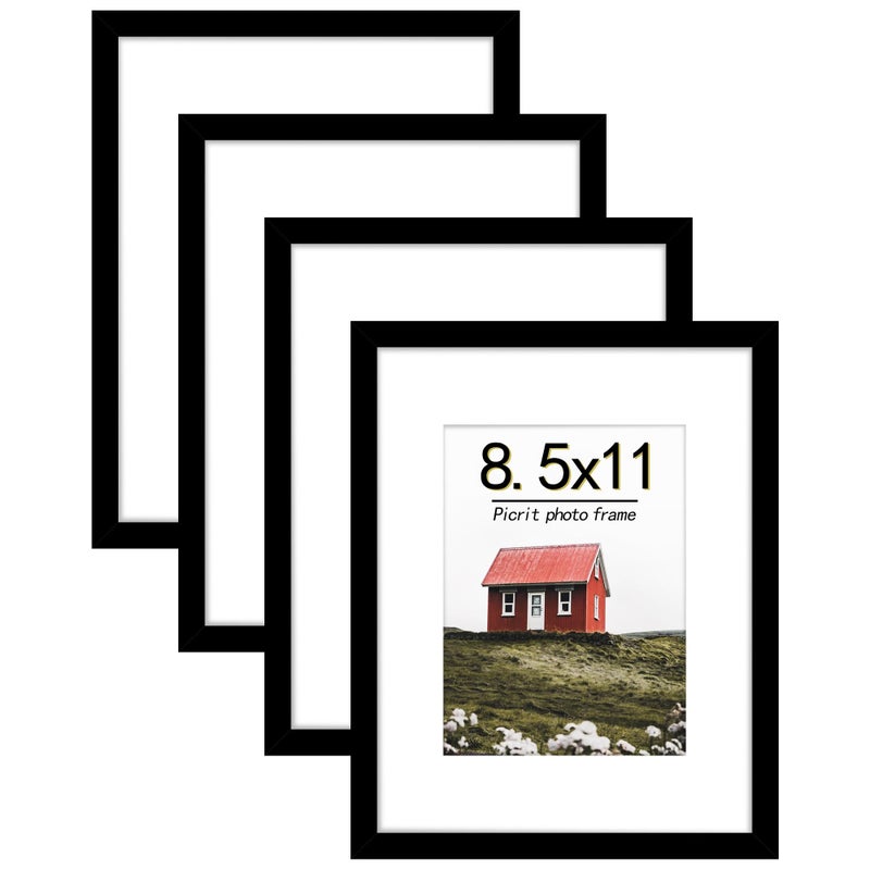Picrit 85x11 Picture Frame Set of 4 Made of High Definition Real Glass Display 6x8 with Mat or 85 x 11 Without Mat Photo Frames for Wall Mounting or Table Top Display Black