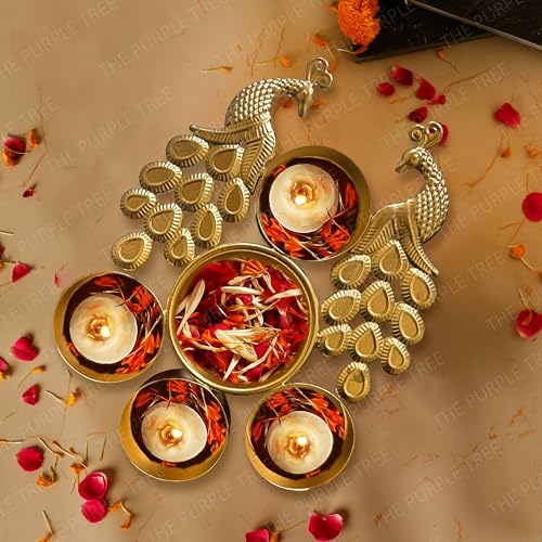 The Purple Tree Peacock Design Mini Urli Bowls with 4 Diyas (Pack of 2) Urli Diyas for Home Decor, Diwali Decorative Bowl, Small Traditional Bowl for Decor, Gifts for Housewarming,Urli Diya - Image 2