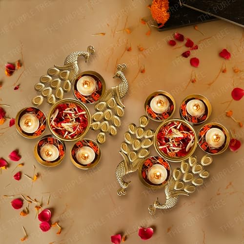 The Purple Tree Peacock Design Mini Urli Bowls with 4 Diyas (Pack of 2) Urli Diyas for Home Decor, Diwali Decorative Bowl, Small Traditional Bowl for Decor, Gifts for Housewarming,Urli Diya - Image 1