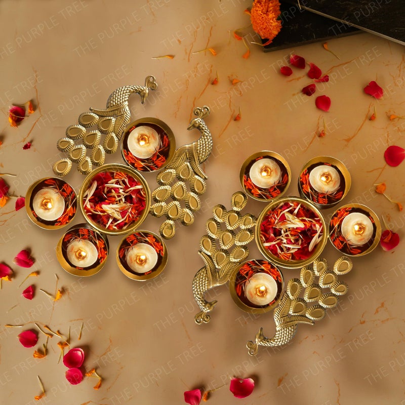The Purple Tree Peacock Design Mini Urli Bowls with 4 Diyas (Pack of 2) Urli Diyas for Home Decor, Diwali Decorative Bowl, Small Traditional Bowl for Decor, Gifts for Housewarming,Urli Diya - Image 5