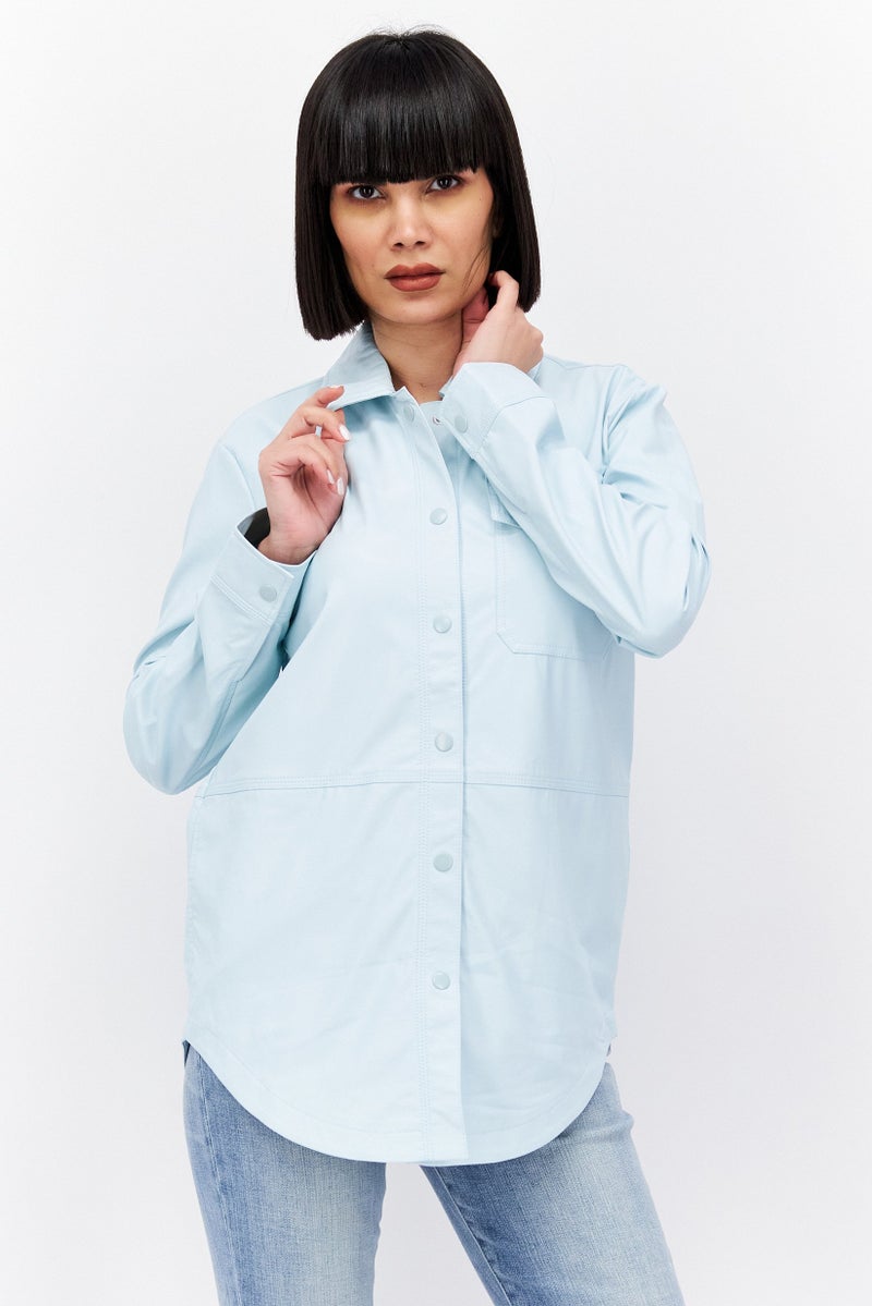 ESPRIT Women Plain Leather Jacket, Turquoise  - Image 1